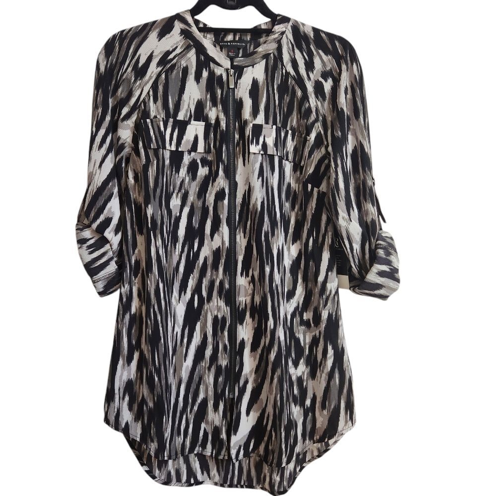 Rock & Republic Misses Animal Print Full Zip Top Size Small Blk White Gray NWT